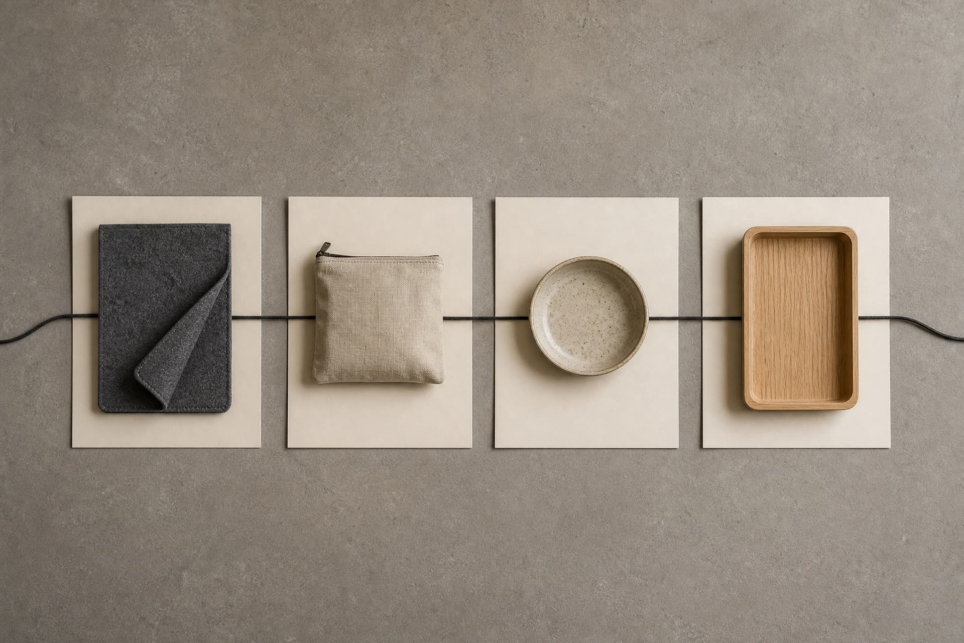 Four cream cards laid in a row on a stone-grey surface, each holding a different organization item, connected by a thin charcoal cord.