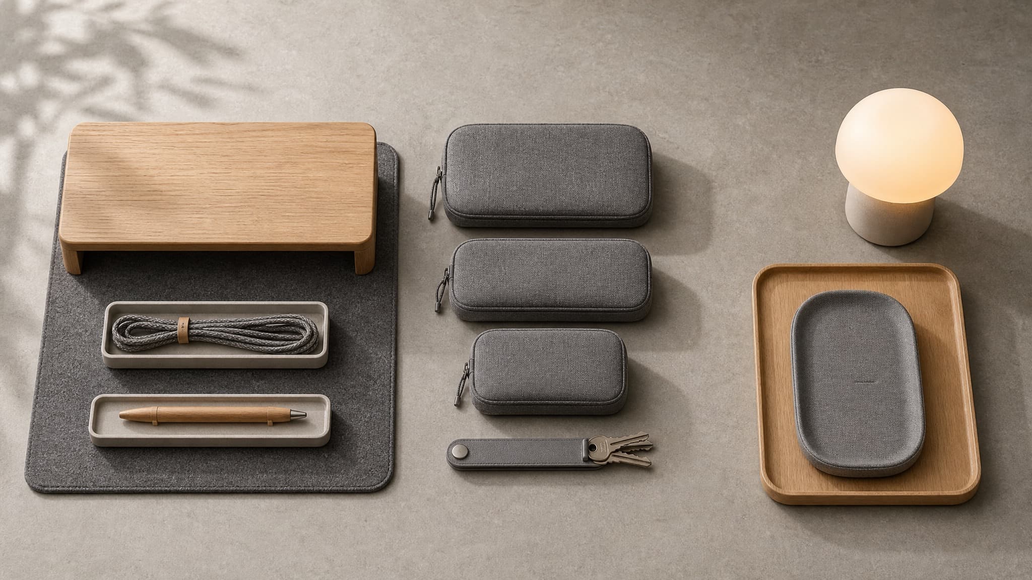 Three organization zones photographed from above on a warm stone-grey surface: a desk group with felt mat and oak riser, a carry group of stacked fabric pouches, and a bedside group with an oak tray, dock and lamp.
