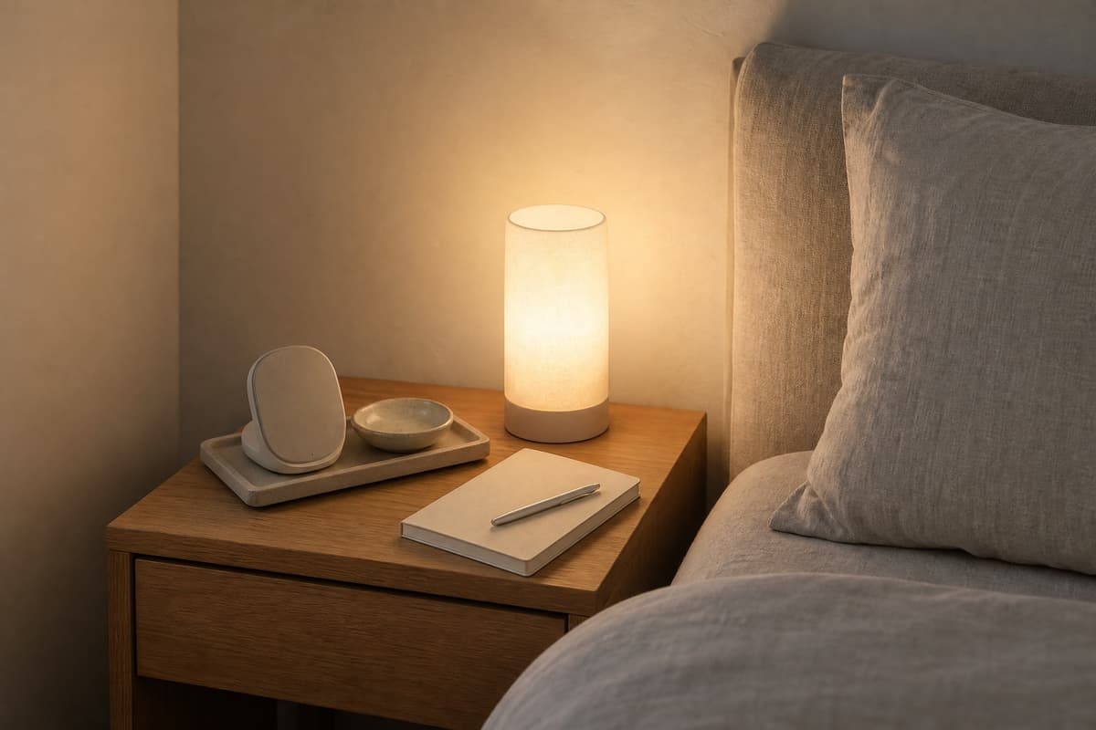A calm bedside corner with an oak table holding the tray, charging dock and softly glowing lamp.