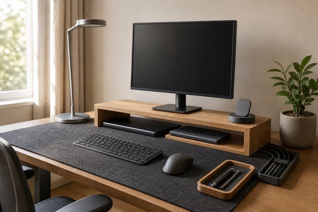 A tidy home-office desk using the Desk Core felt mat, oak monitor riser, charging dock and routed cables.