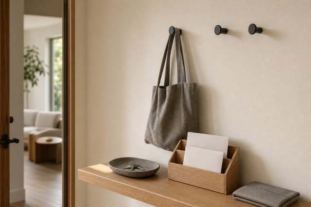 A hallway shelf with a catch-all tray, stoneware key dish, oak mail sorter and wall hooks holding a tote bag.
