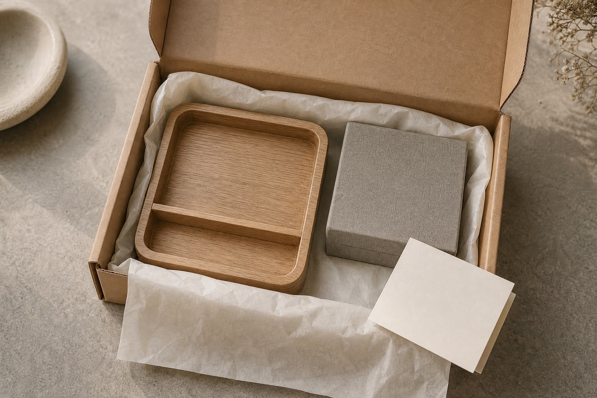 An opened kraft carton with cream tissue folded back over an oak valet tray and a fabric-wrapped storage box.