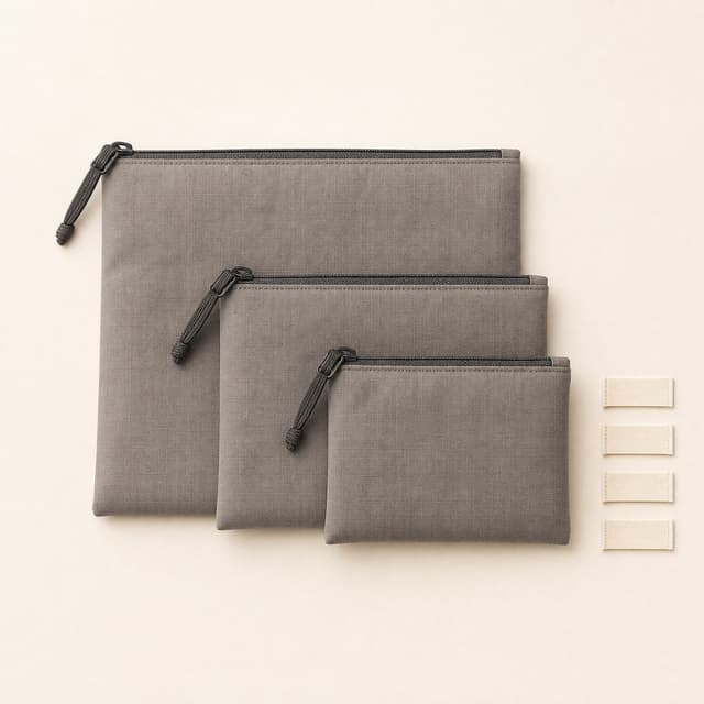 Three stone-grey modular pouches stacked in graduated sizes beside blank fabric label tags.