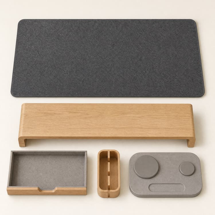Desk Core Pro Kit flat lay: charcoal felt mat, oak monitor riser, under-desk drawer tray, cable corral and rounded charging dock.