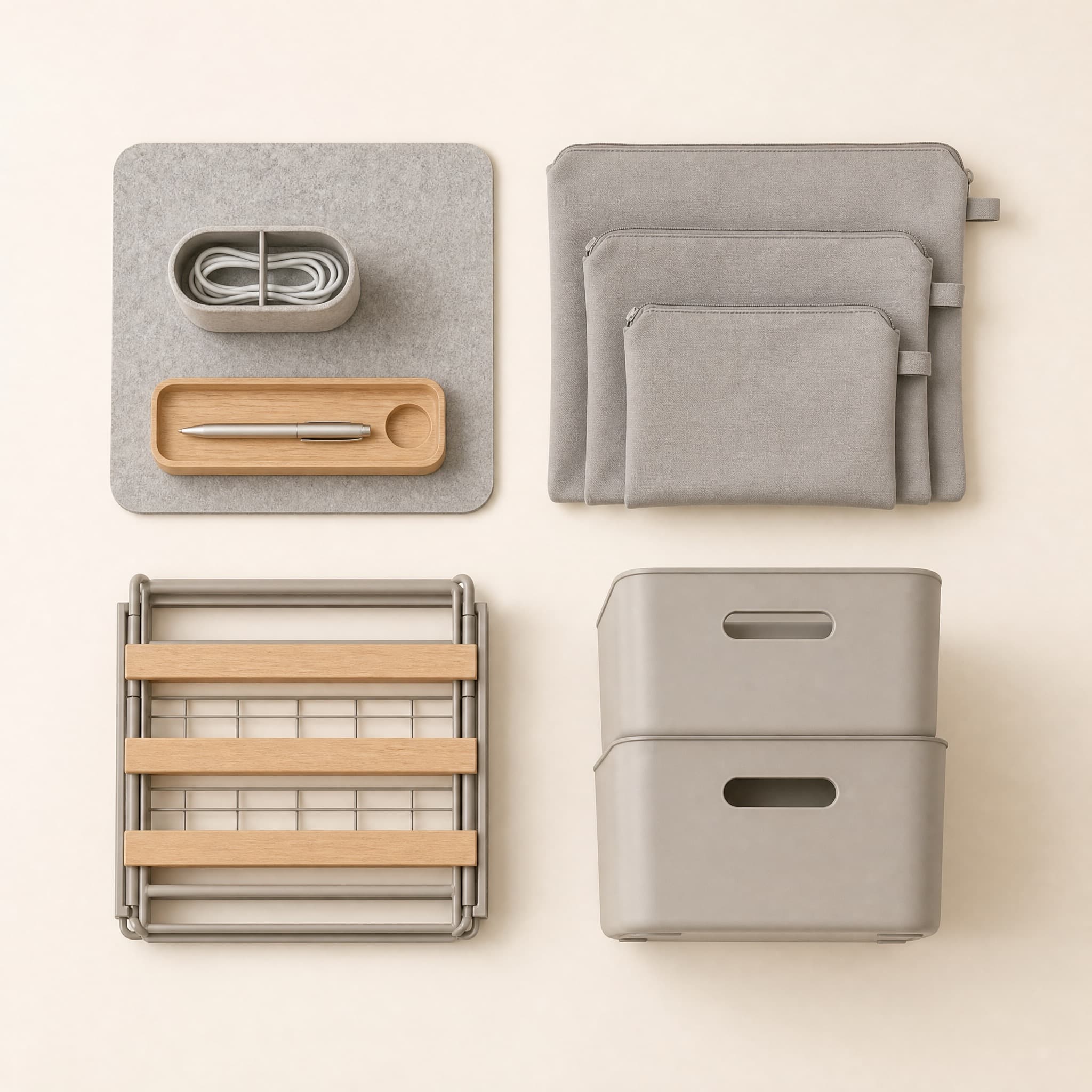 Dorm and Studio Core Bundle flat lay in three groups: a small desk set, three graduated pouches, and a folded shelf with stackable bins.