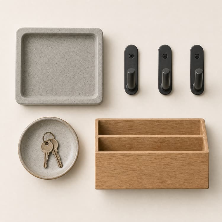 Entryway Core Kit flat lay: stone-grey catch-all tray, three charcoal wall hooks, a stoneware key dish and an oak mail sorter.