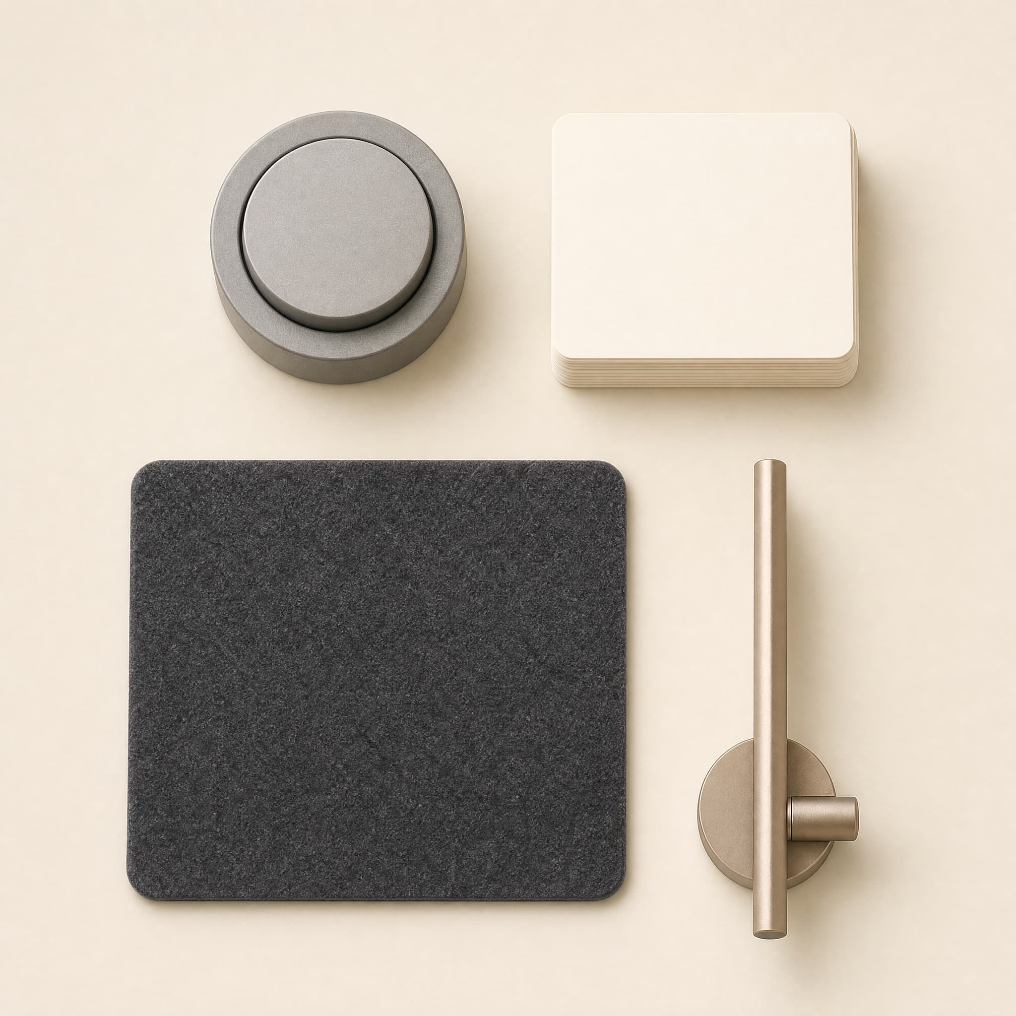 Focus Core Kit flat lay: round stone-grey desk timer, stack of blank task cards, charcoal felt pad and slim aluminium lamp.