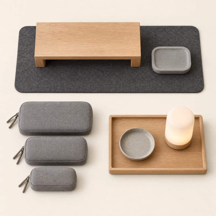 The Full Core System flat lay in three clusters: a desk group with mat, oak riser and dock, a carry group of three pouches, and a bedside group with tray, dish and lamp.
