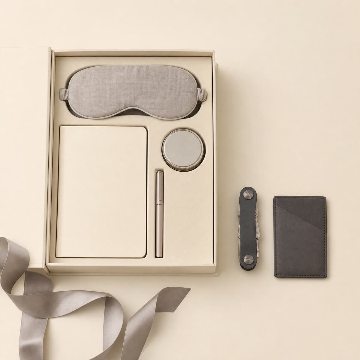 An open cream gift box holding the folded eye mask, notebook, pen and tin caddy.