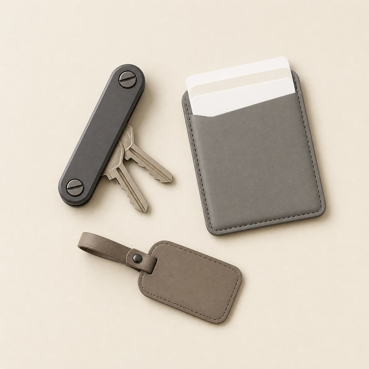 A compact key organizer, card holder and bag tag on a cream surface.