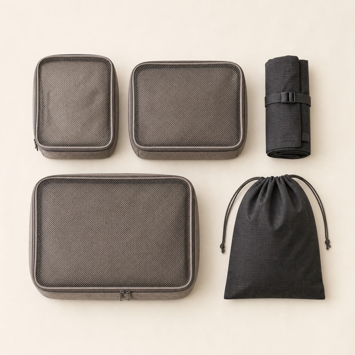 Three packing cubes, a rolled toiletry roll and a shoe bag arranged on cream.