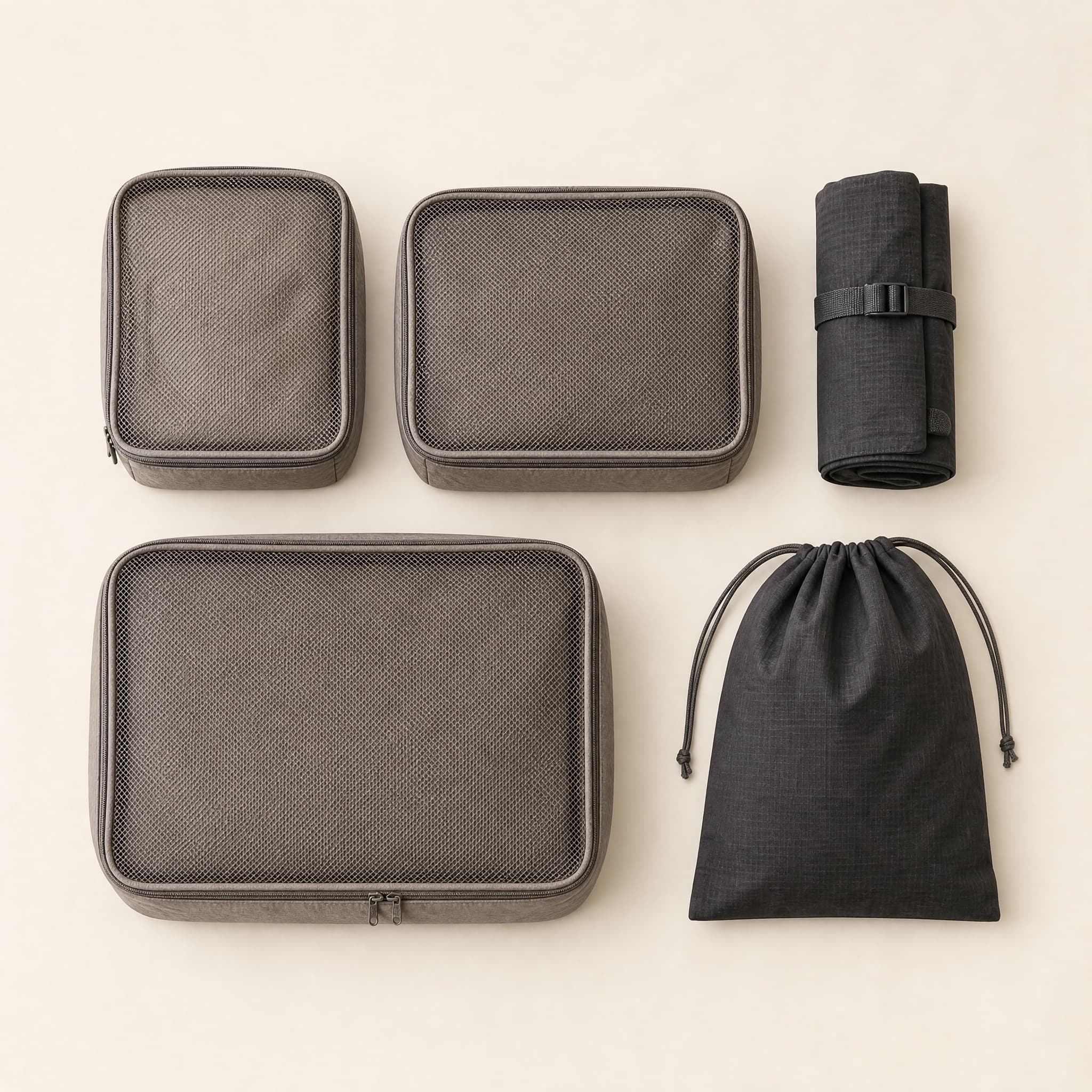 Travel Carry Set flat lay: three stone-grey packing cubes with mesh tops, a rolled charcoal toiletry roll and a drawstring shoe bag.