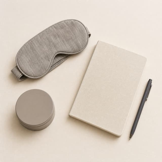 Wind-Down Core Kit flat lay: folded linen eye mask, plain cream A5 notebook, slim charcoal pen and a small round tin caddy.